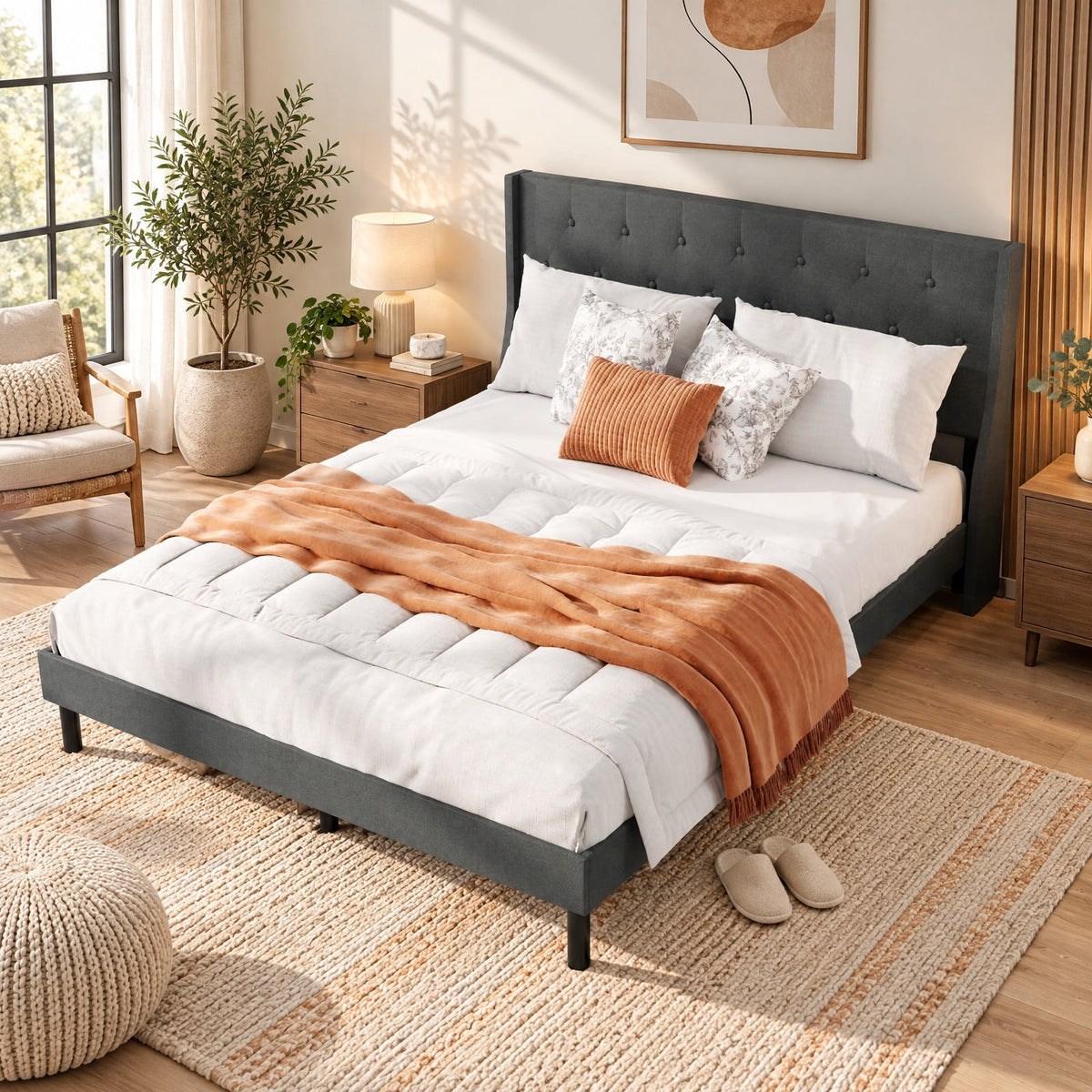 Airfind Queen Size Upholstered Bed Frame with Button Tufted Wingback Headboard and Wooden Slats Support Mattress Foundation, 800 lbs Capacity, Gray