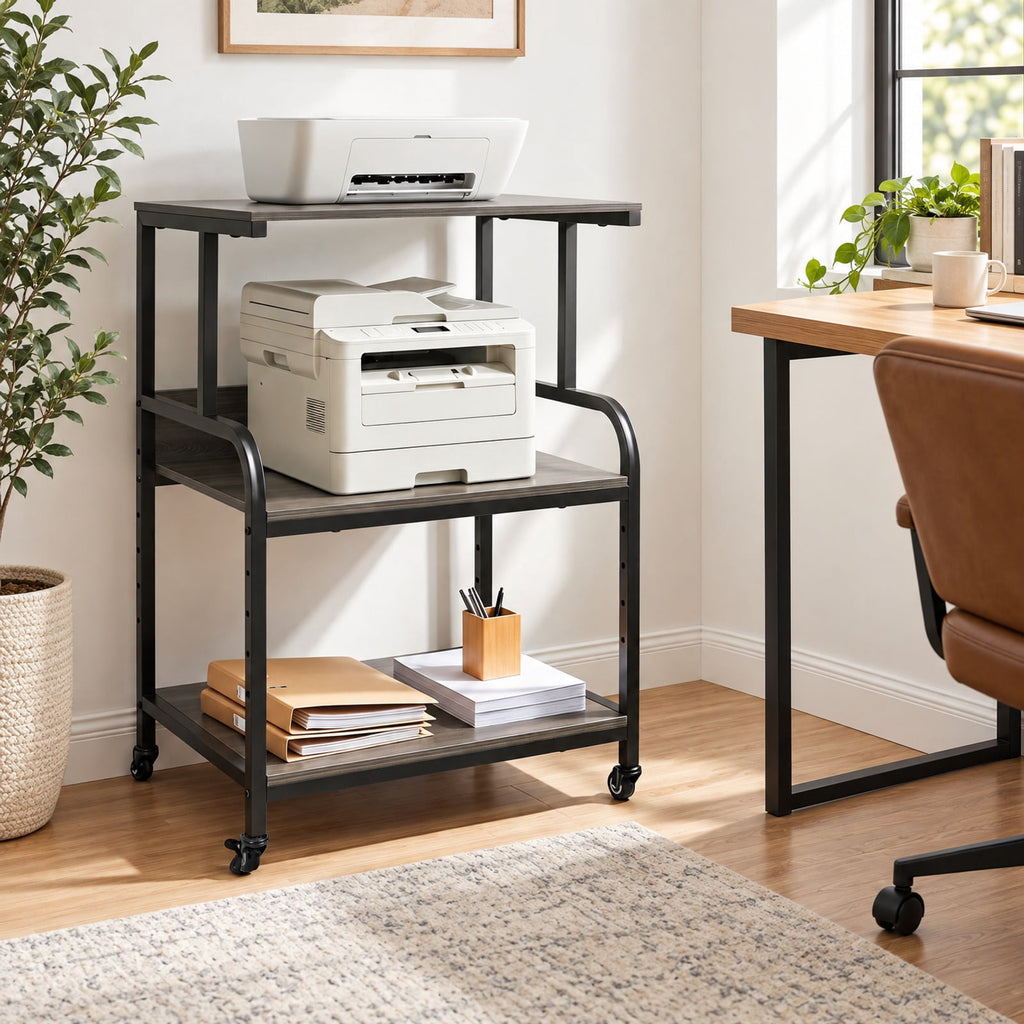 Airfind 3-Tier Rolling Printer Stand with Adjustable Shelf and Lockable Wheels, 44 lbs Capacity, Metal Engineered Wood Frame, Oak