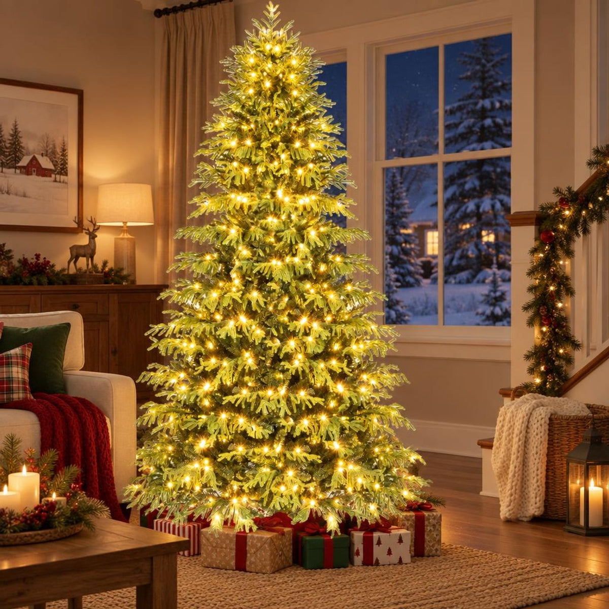 Airfind Artificial Christmas Tree with LED Lights and PVC Mixed Branch Tips-8 Feet, Green, Diameter of Stand 18 Inch /18 Inch /24 Inch