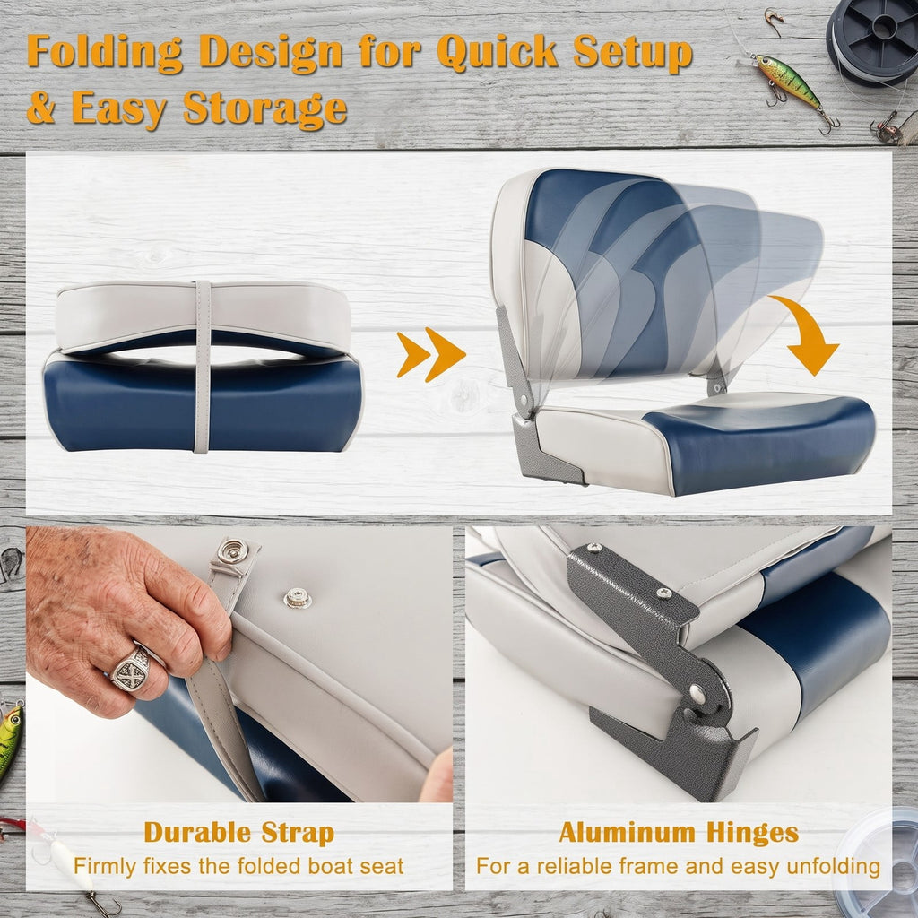 Airfind Low Back Folding Boat Seats Set of 2 with Thick Sponge Padding and Aluminum Hinges for Fishing and Pontoon Boats, Blue and Gray