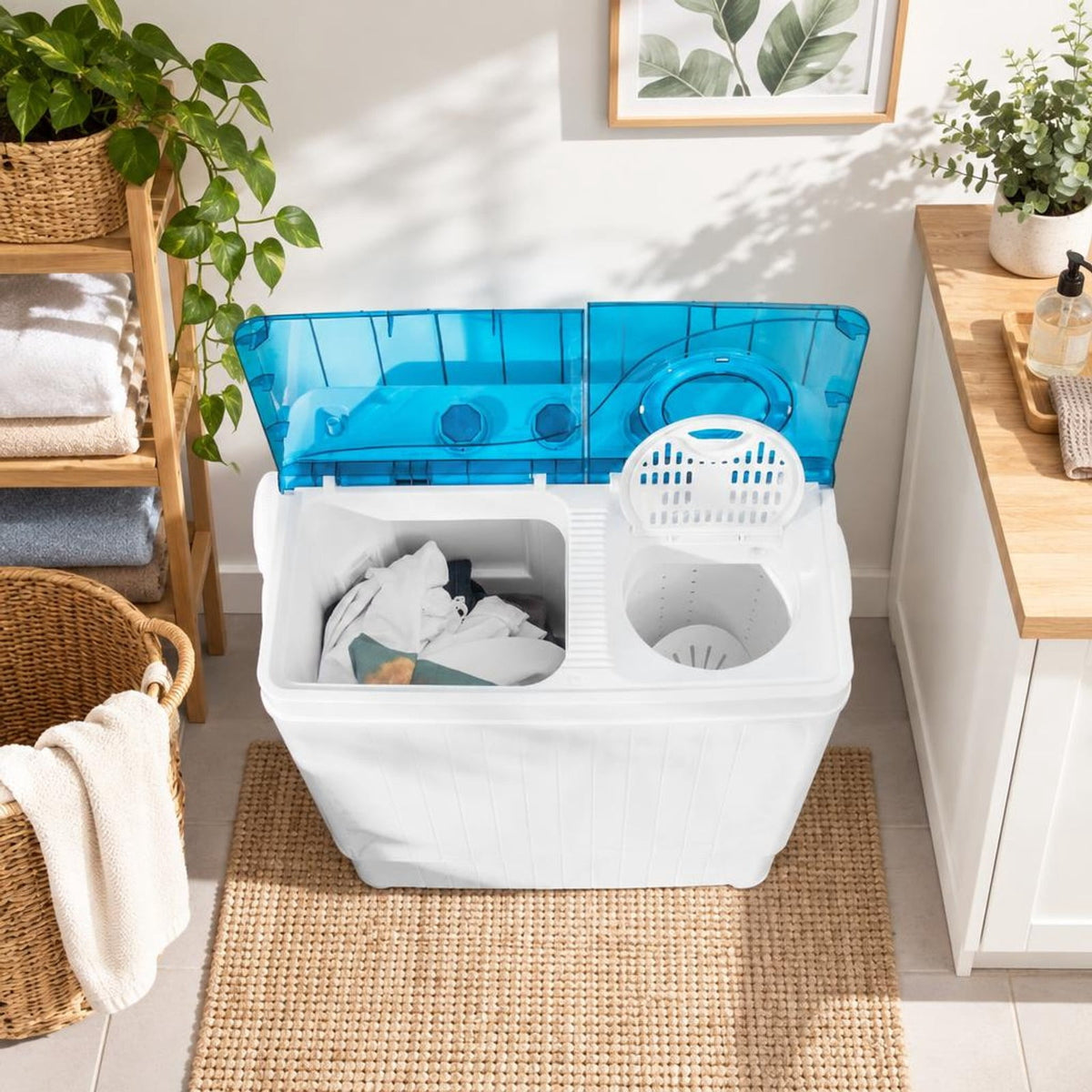 Airfind 26lbs Portable Semi-Automatic Twin Tub Washing Machine with Drain Pump, PP ABS Rated Frame, 27.5 x 16 x 32 Footprint, Blue