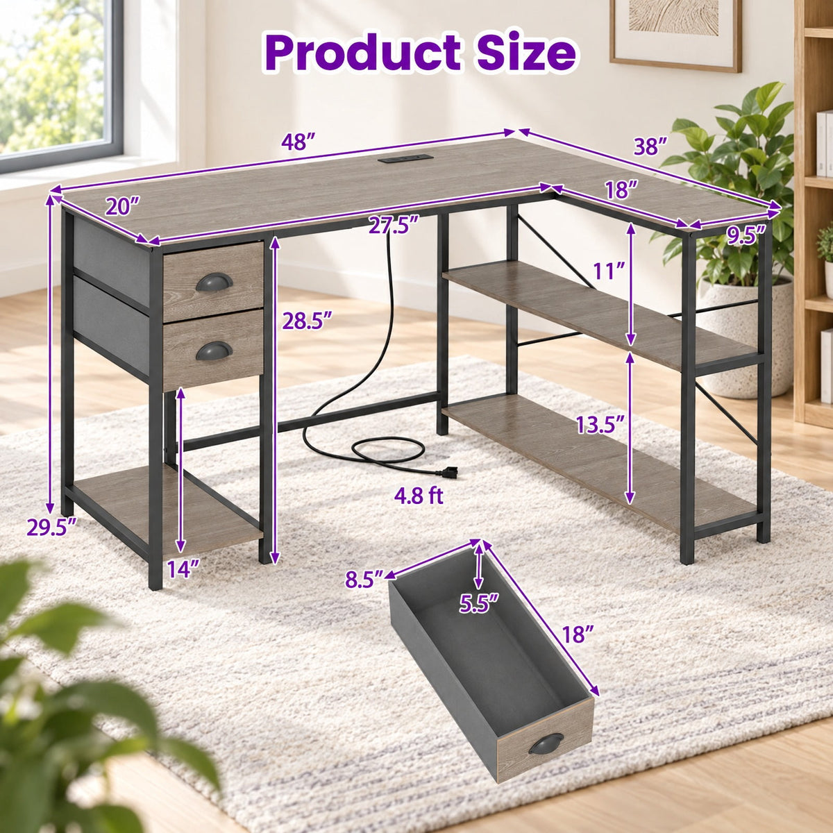 Airfind L Shaped Desk with Charging Station Corner Computer Desk with 2 Fabric Drawers, 110 lbs Capacity, Engineered Wood Metal Fabric Frame