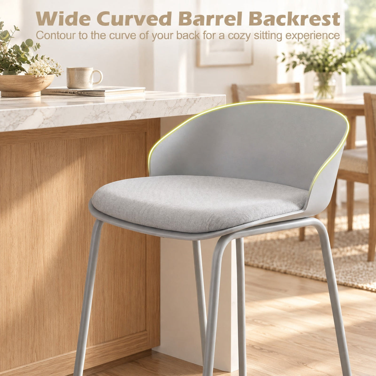 Airfind Counter Height Bar Stools, Set of 2, with Curved Backrest and Metal Frame for Kitchen Dining, 330 lbs Capacity, Gray