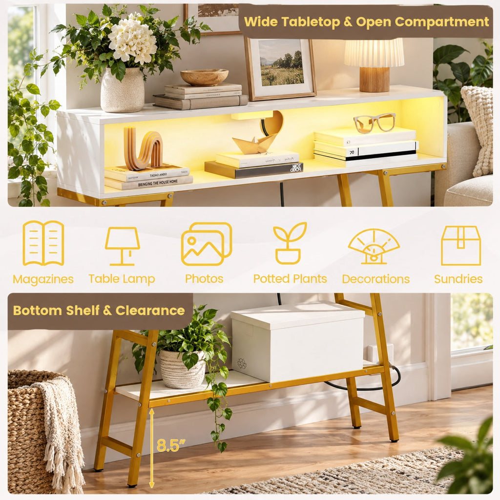 Airfind 40 Console Table with Charging Station and LED Lights, 45 lbs Capacity, Engineered Wood MDF Metal Frame, 40 x 8 x 34 Footprint, White