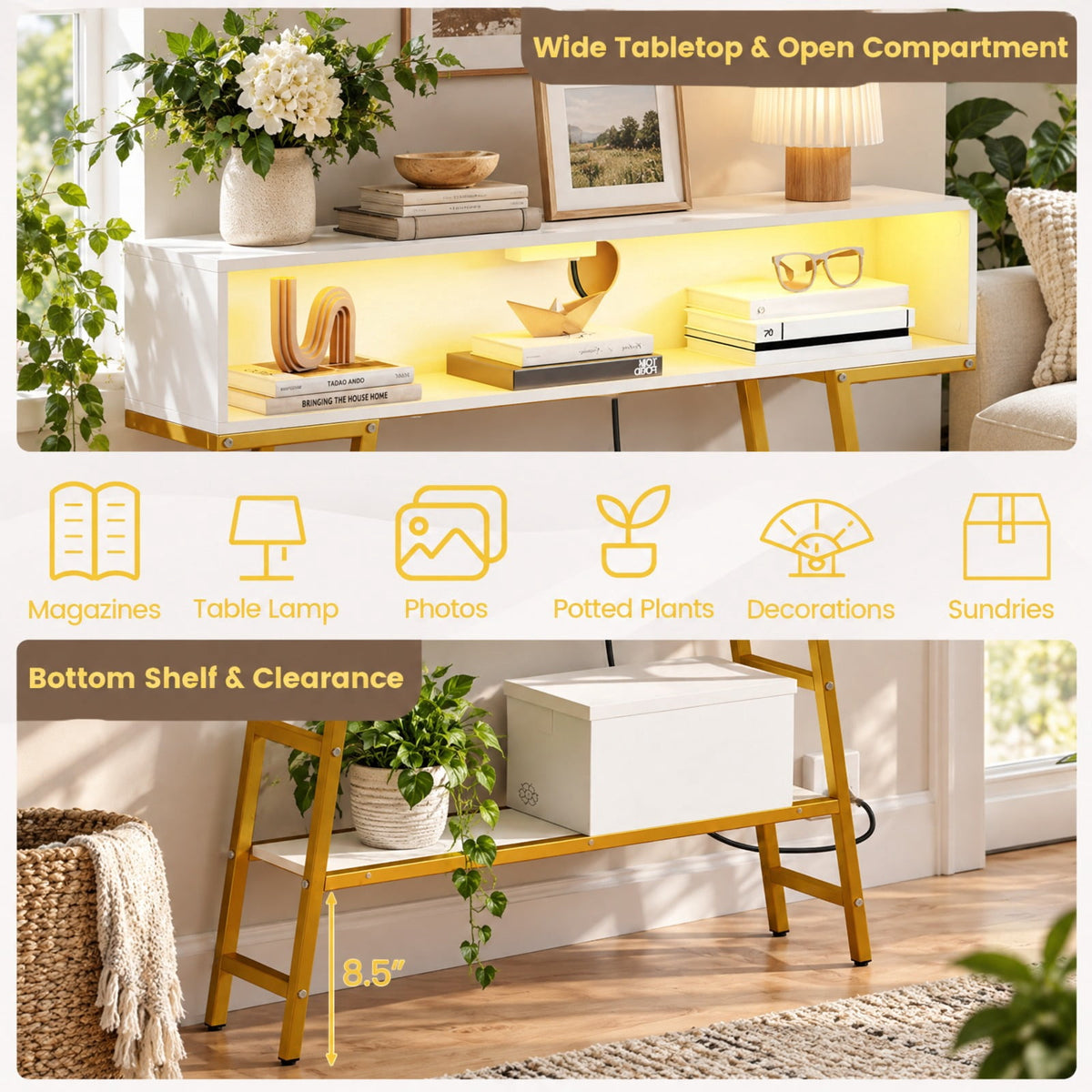 Airfind 40 Console Table with Charging Station and LED Lights, 45 lbs Capacity, Engineered Wood MDF Metal Frame, 40 x 8 x 34 Footprint, White
