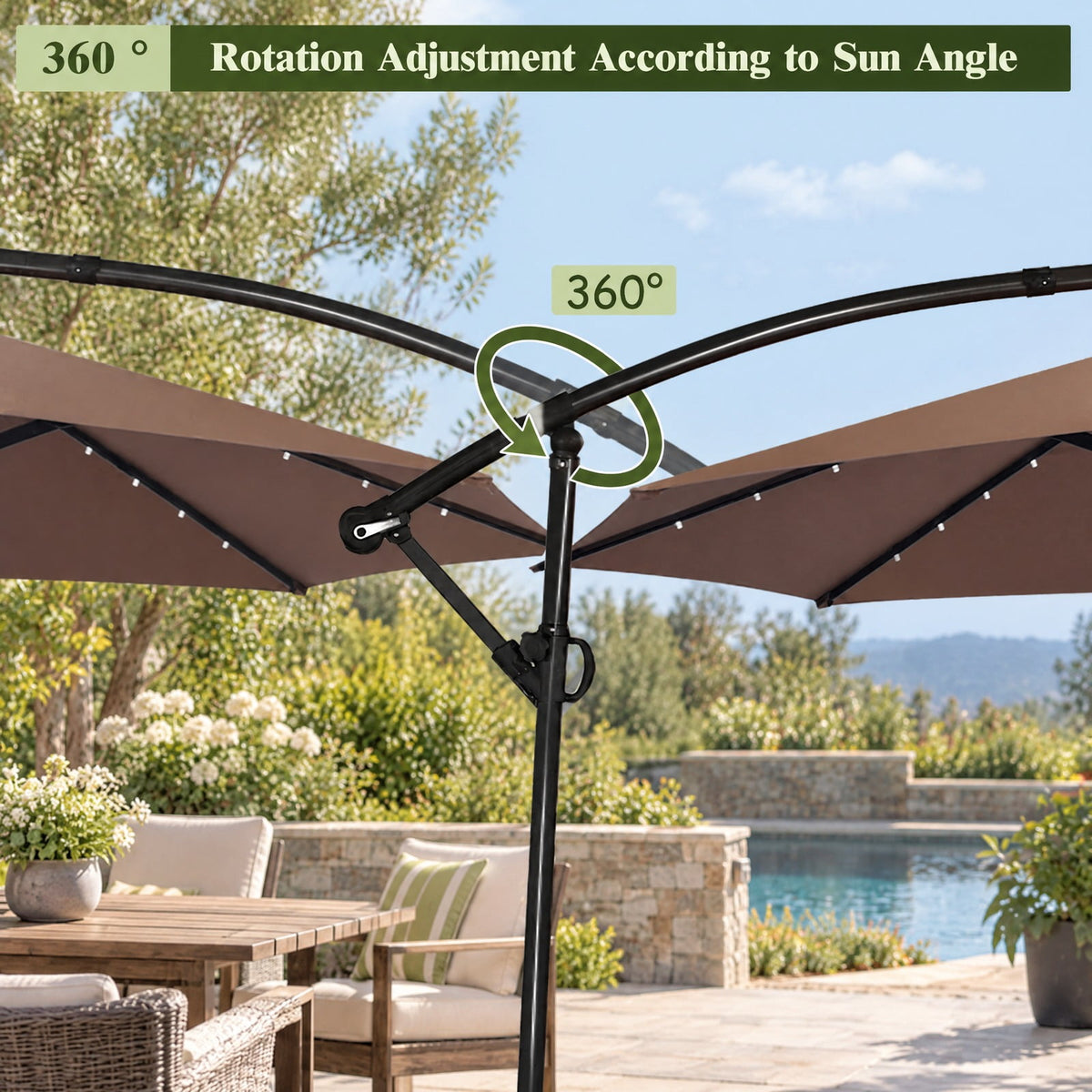 Airfind 10 ft 360° Rotation Solar Powered LED Patio Offset Umbrella without Weight Base, Steel aluminum polyester fabric Frame, 10 x 7.5 Footprint