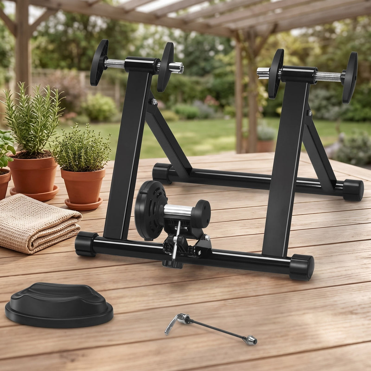 Airfind Portable Folding Steel Bike Trainer Stand, Indoor Exercise Cycling Training Frame with Front Wheel Riser Block and Quick Release for 26-28 Inch Wheels, Black