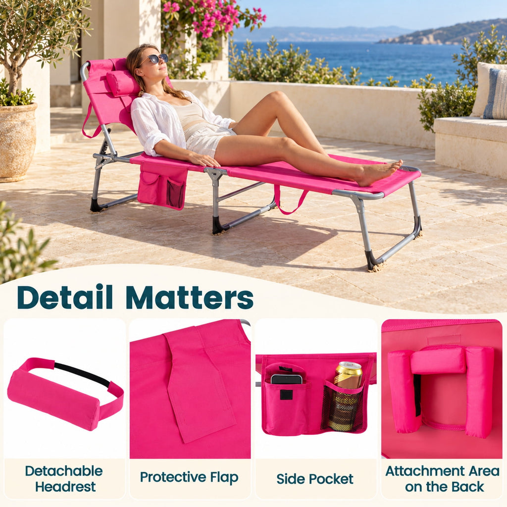 Airfind Set of 2 Tanning Chair Portable Chaise Lounge Chair with 4-Position Adjustable Backrest, 330 lbs Capacity, Pink