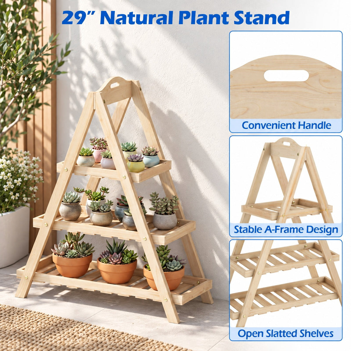 Airfind 3-Tier Plant Stand Flower Pot Display Shelf, Shelf 11 lbs Total Capacity, Fir Wood Frame, 23 x 10 x 28.5 Footprint, Natural