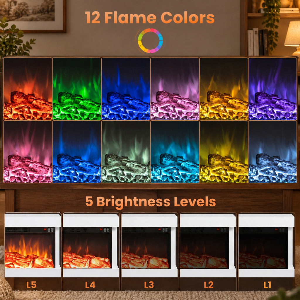 Airfind 3-Sided White Wall Mount Electric WiFi Fireplace with Floating Mantel and 12 Flame Ambient Colors-32 inch, Metal Tempered Glass Frame, White