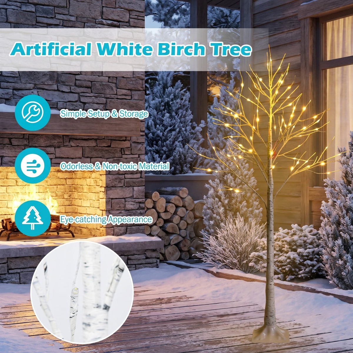 Airfind 5 Feet Pre-lit White Twig Birch Tree with 72 LED Lights for Christmas, metal plastic Height: 5 FT Frame, 8 Inch x 8 Inch Rated input Footprint