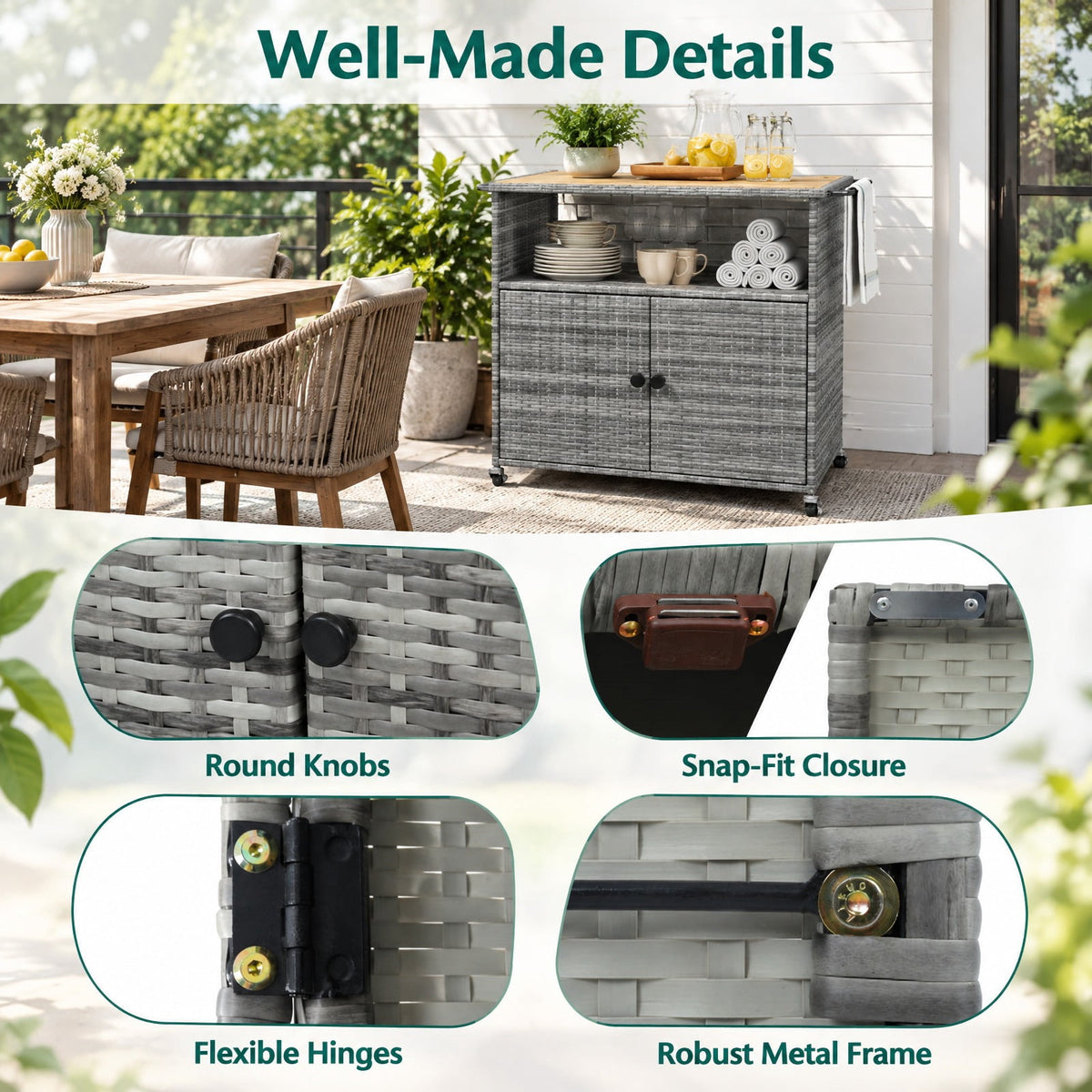 Airfind Outdoor Storage Cabinet with Acacia Wood Top and Lockable Wheels, 180 lbs Capacity, PE Rattan Acacia Wood Metal Frame, Gray