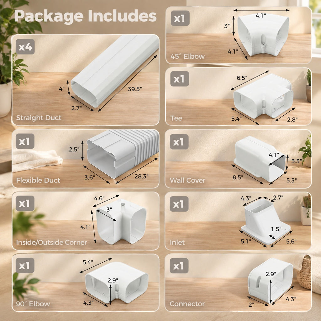 Airfind 4 Inches W Mini Decorative PVC Slim Line Cover Kit-16.5ft, PVC Straight Duct Frame, 39.5 x 2.7 x 4 Flexible Duct Footprint, White