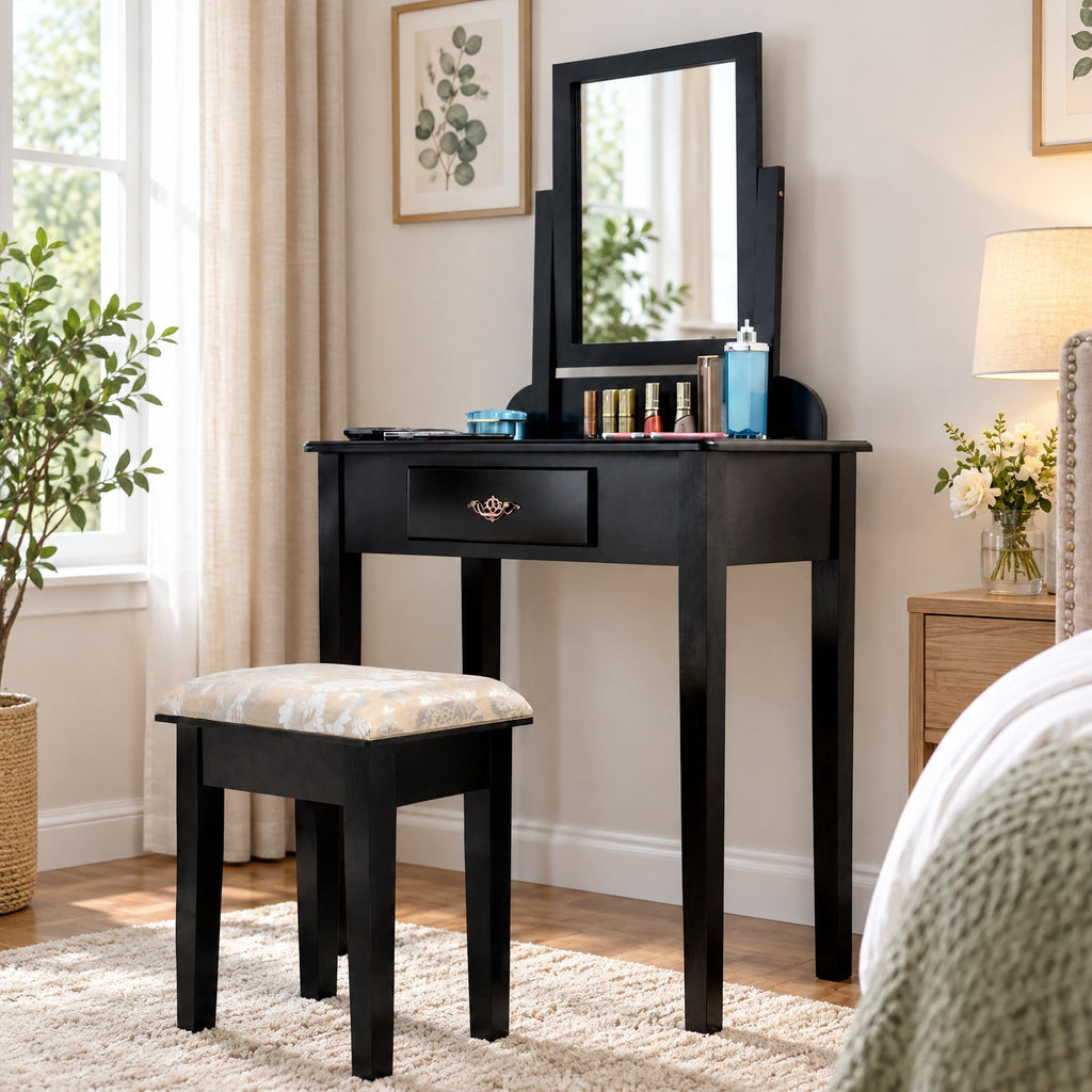 Airfind Vanity Dressing Table Stool Set with Large Makeup Mirror, 286 lbs Capacity, Wood Frame, 29.5 Inch x 16.0 Inch x 53.5 Inch (L x W x H) The Footprint
