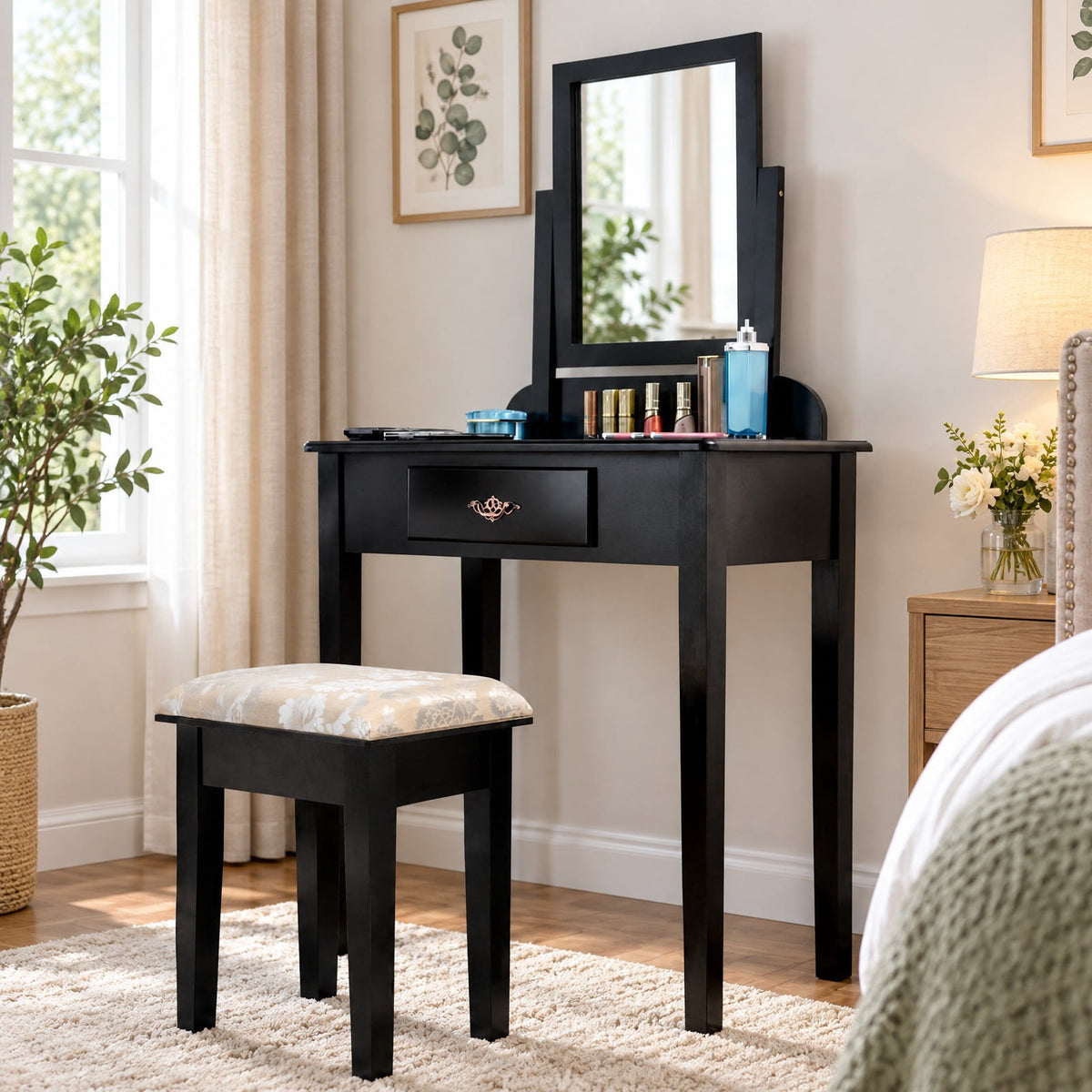Airfind Vanity Dressing Table Stool Set with Large Makeup Mirror, 286 lbs Capacity, Wood Frame, 29.5 Inch x 16.0 Inch x 53.5 Inch (L x W x H) The Footprint