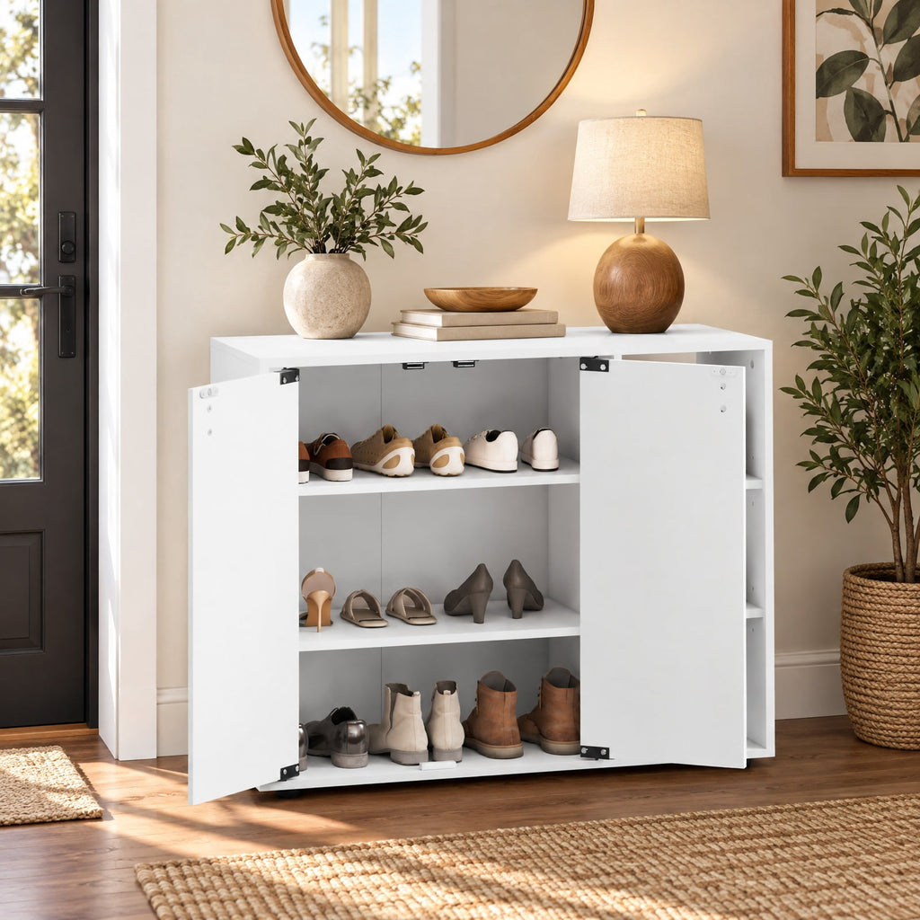 Airfind 3-Tier Shoe Cabinet with Doors with Adjustable Open Shelves for Entryway, 90 lbs Capacity, MDF Engineered Wood Frame, White