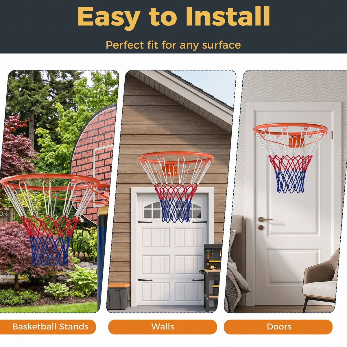 Airfind 18 Inch Basketball Rim Heavy Duty Wall Mounted Goal Replacement Steel Hoop with Nylon Net for Indoor Outdoor Play, Orange