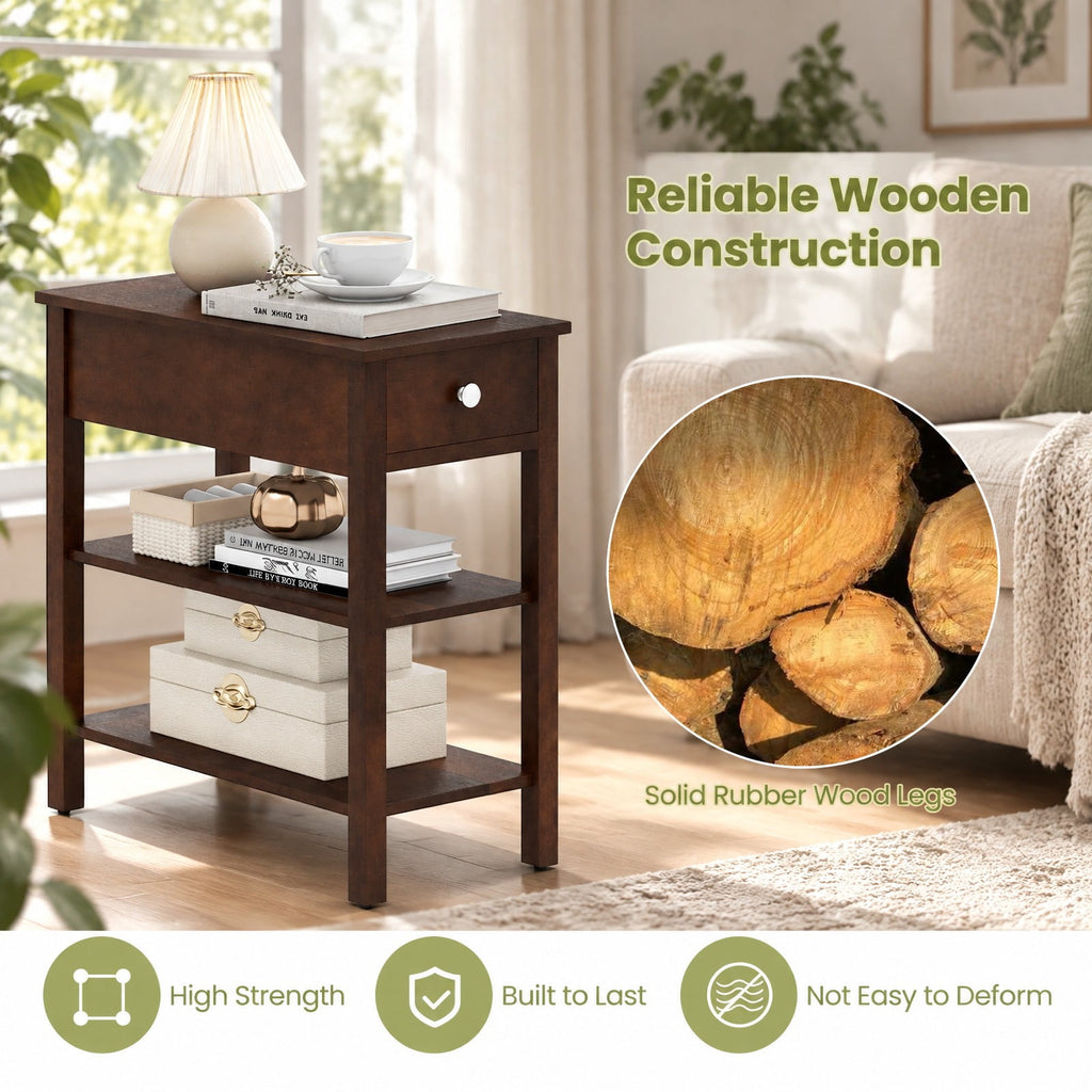 Airfind 3-Tier Narrow End Table with Drawer and Storage Shelves Set of 2, 210 lbs Capacity, MDF Rubber Wood Frame, Walnut