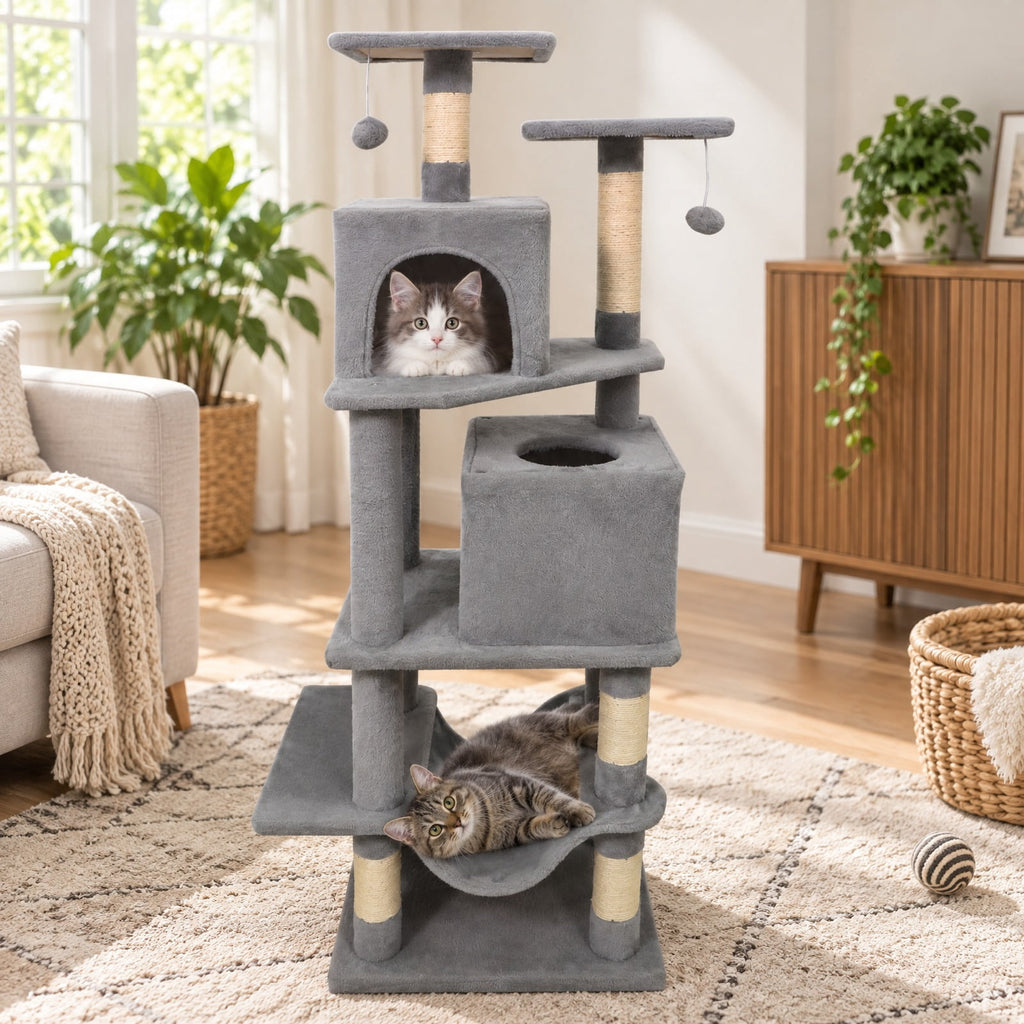 Airfind 57 Inch Cat Tree with Dual Condos and Hammock and 2 Dangling Balls, 29 x 16 Footprint, Light Gray
