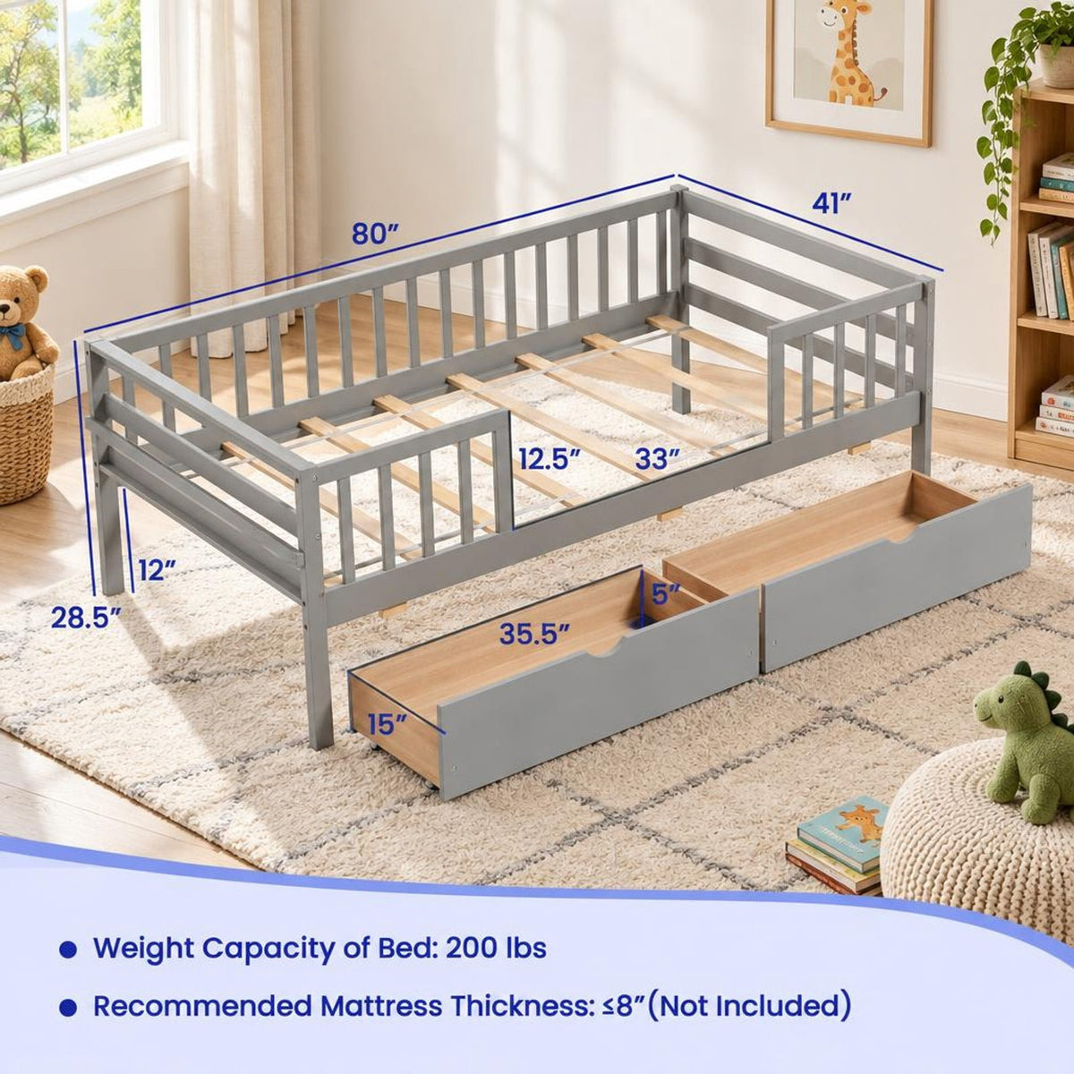 Airfind Twin Daybed with Fence and 2 Drawers Kids Bed for Boys Girls, 200 lbs Capacity, Pine Wood MDF Engineered Wood Plywood Frame, Gray