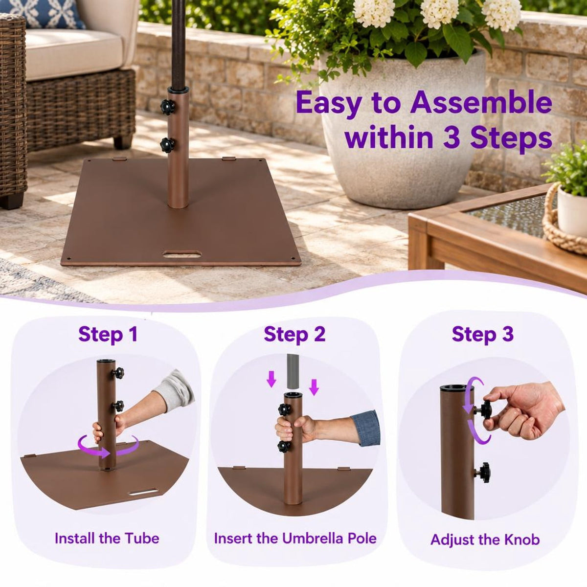 Airfind 50 LBS Weighted 24 Inch Square Patio Umbrella Base, Steel PP Frame, 24 x 24 x 14 (L x W x H) Suitable Footprint, Brown
