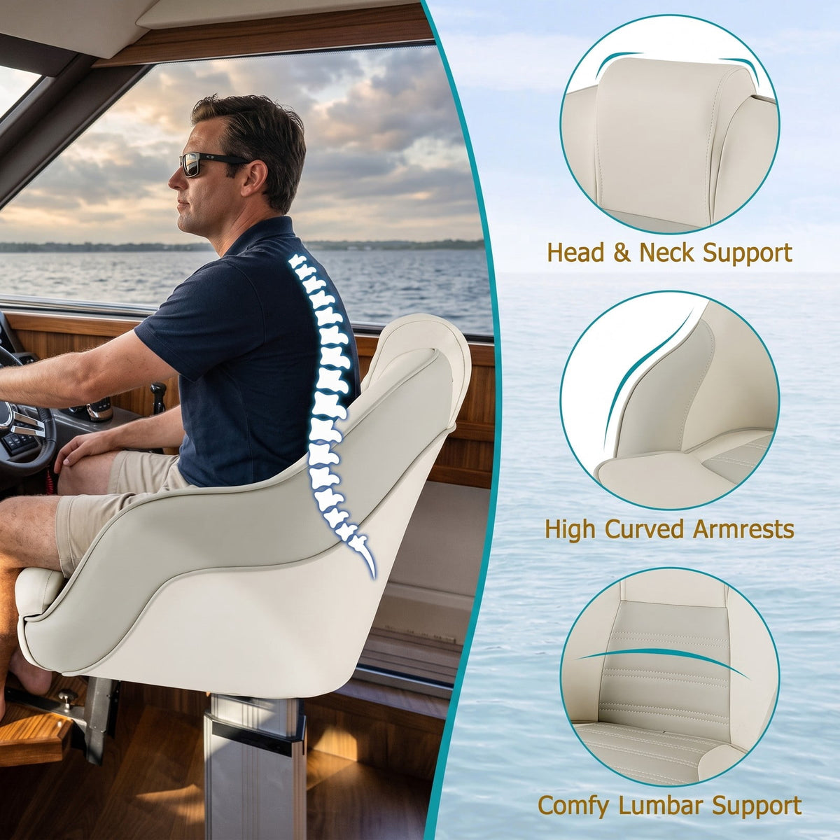 Airfind Captain Bucket Boat Seat with Padded Headrest and Wrap Around Support for Cabin and Sightseeing Boats, White and Gray