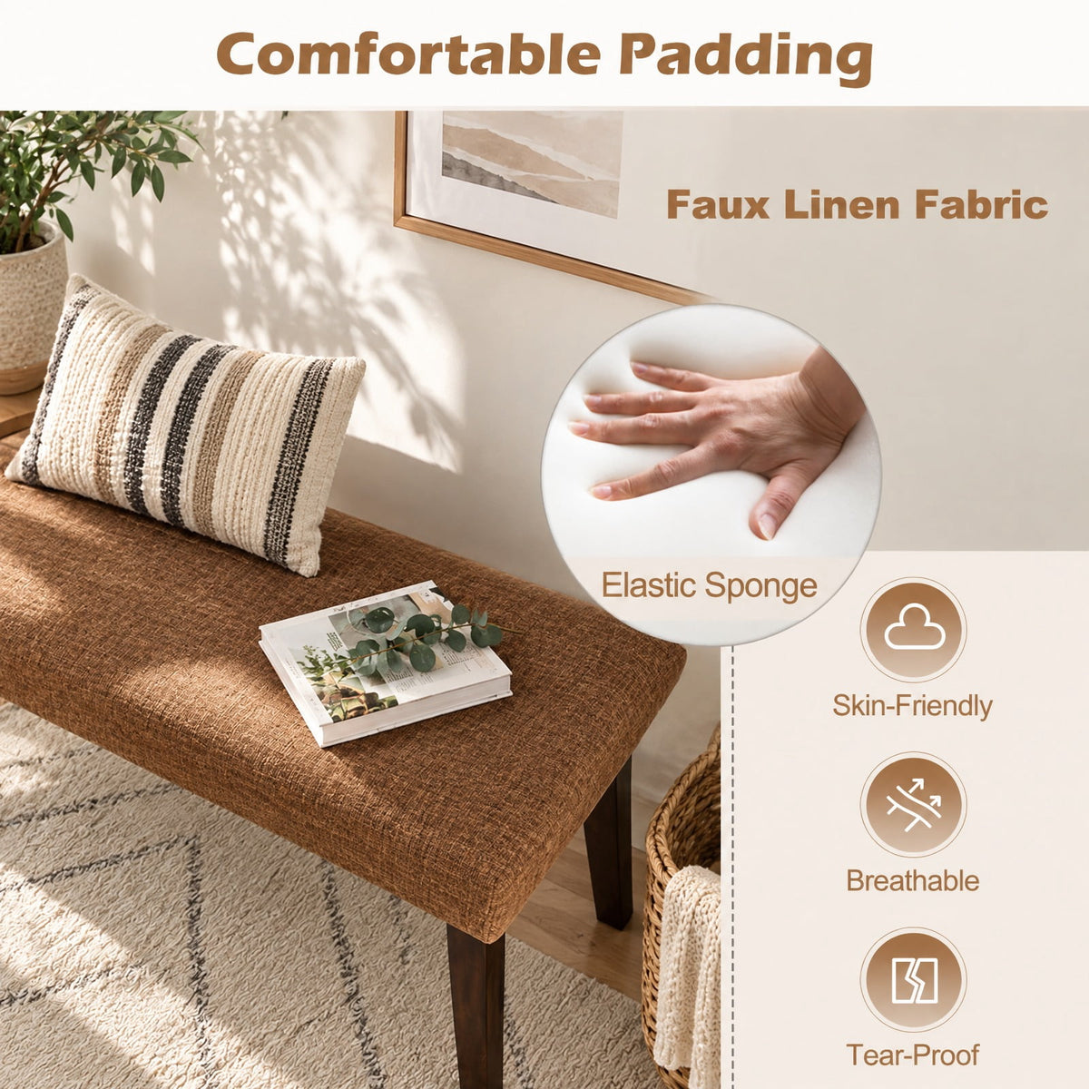Airfind 43.5 Inch Upholstered Entryway Bench with Rubber Wood Frame, 550 lbs Capacity, Faux Linen Fabric Frame, 43.5 Inch x 14 Inch x 18 Inch Footprint, Brown