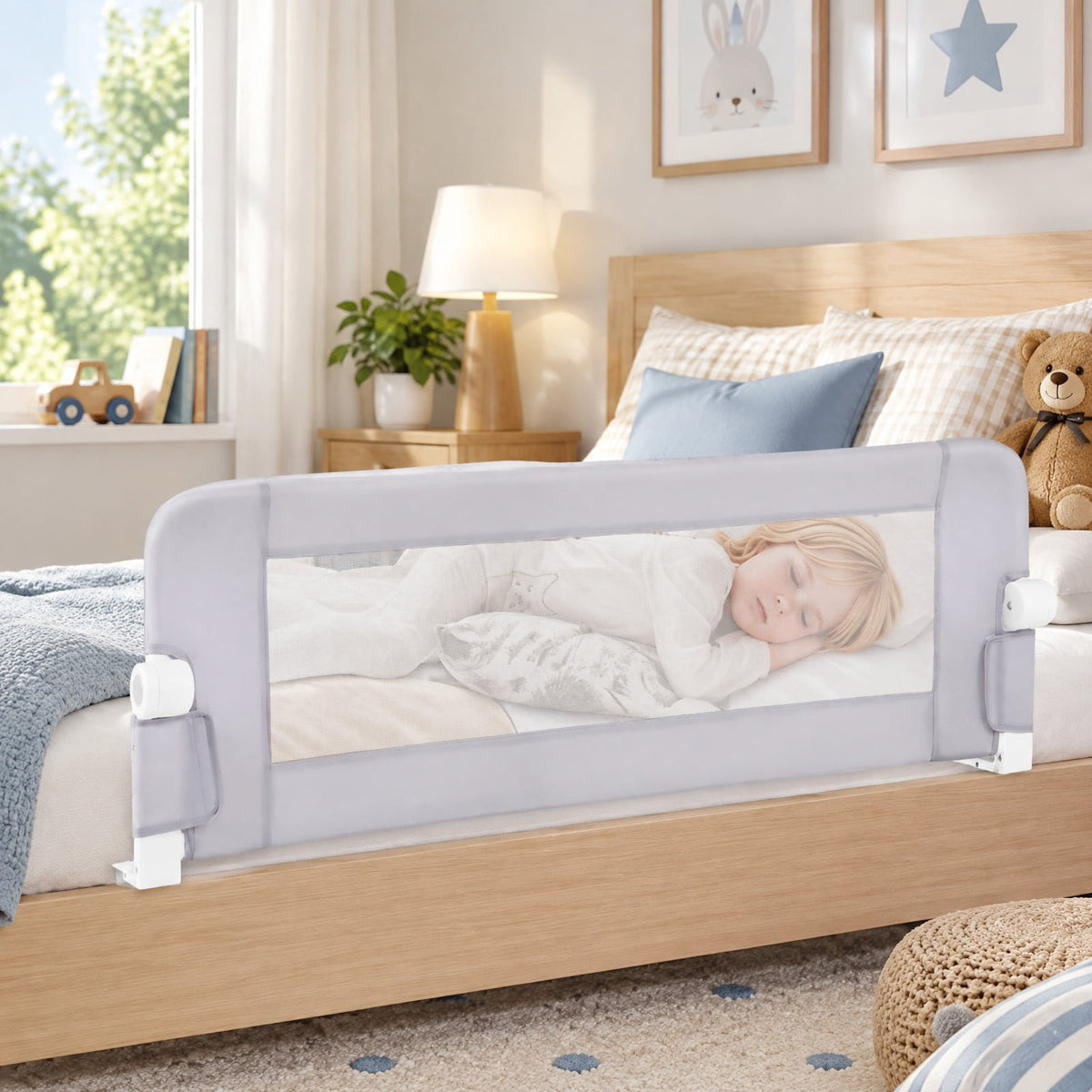 Airfind Foldable Bed Rail Swing Down Baby Bed Guard Rail, Metal Oxford Cloth PP Cotton Frame, 47 x 17 x 15.5（L x H x W） Footprint, White