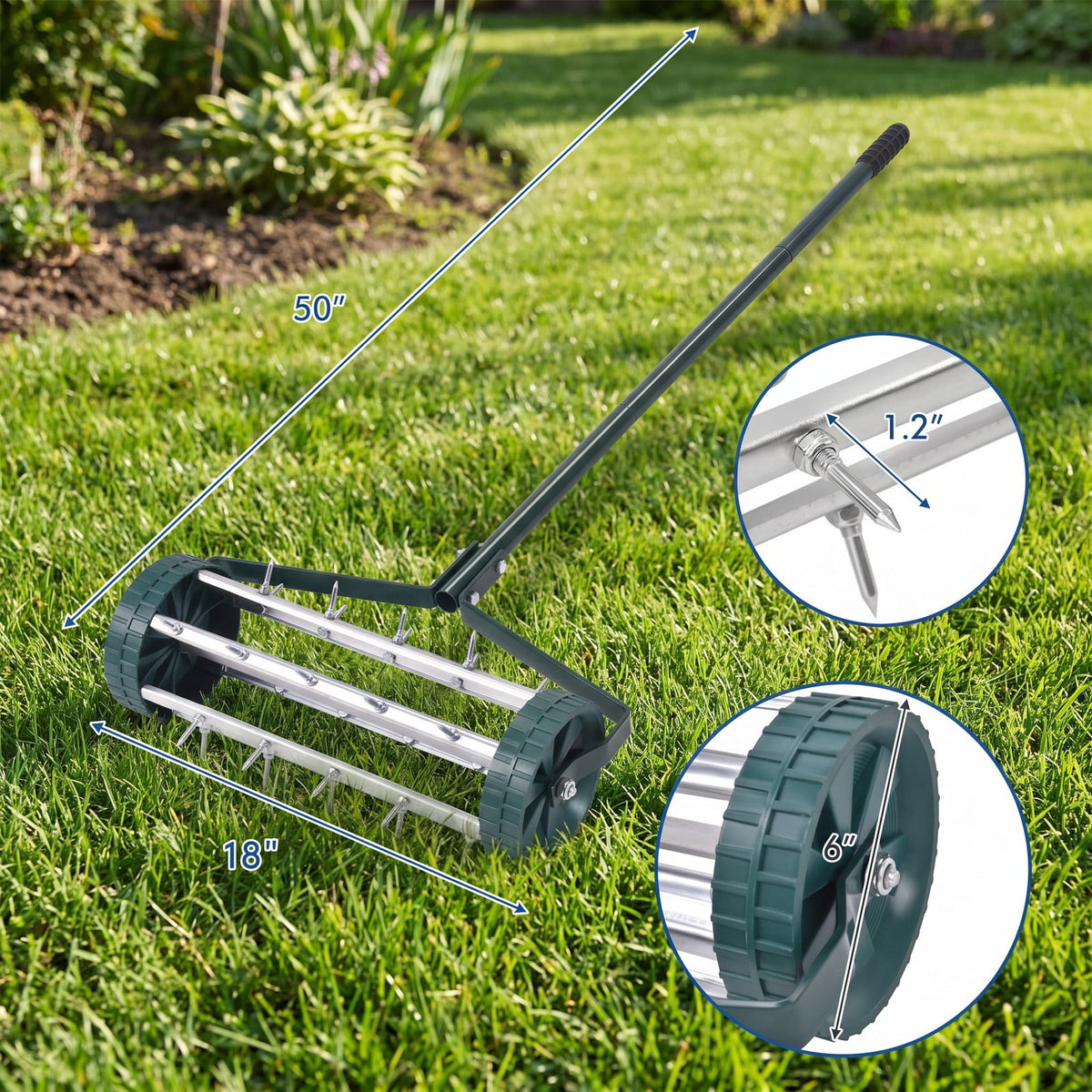 Airfind 18 Inch Rolling Lawn Aerator with Anti, Steel rubber PP Frame, 18 Inch x 8 Inch x 50 Inch Footprint, Green