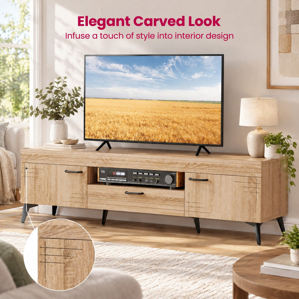 Airfind TV Stand with 2 Cabinets and Storage Drawer for 65 Inches TVs, 180 lbs Capacity, Metal Engineered Wood Frame, 59 x 15 x 17 Footprint, Oak