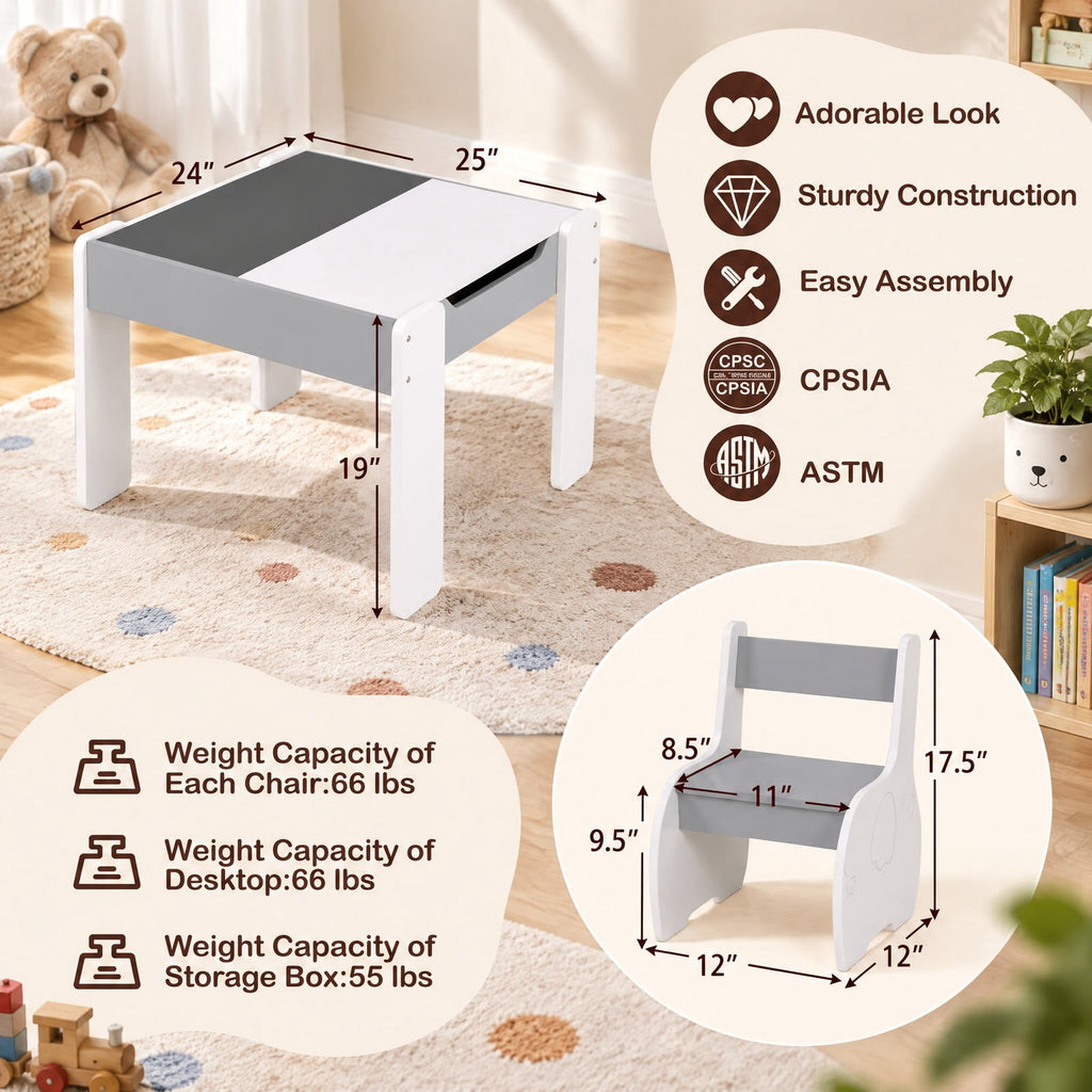 Airfind 4-in-1 Wooden Activity Kids Table and Chairs with Storage and Detachable Blackboard, 66 lbs Capacity, MDF Frame, for 3-6 Years old, Gray