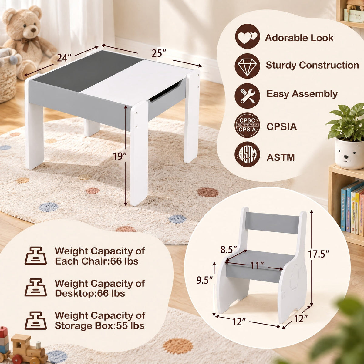 Airfind 4-in-1 Wooden Activity Kids Table and Chairs with Storage and Detachable Blackboard, 66 lbs Capacity, MDF Frame, for 3-6 Years old, Gray