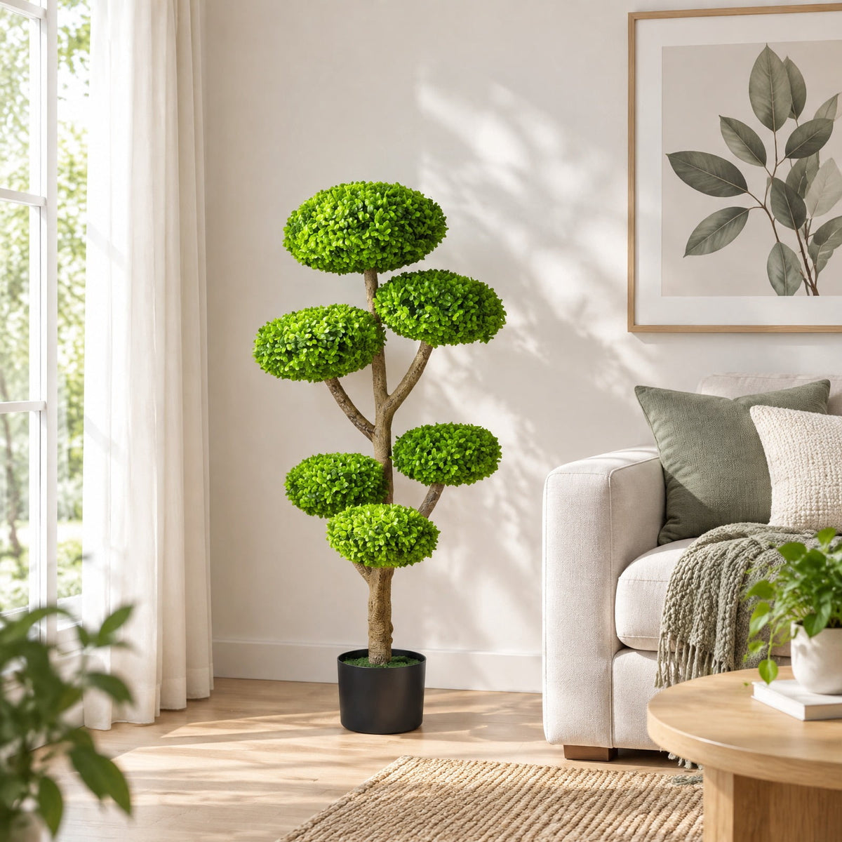 Airfind Indoor Outdoor 6 Balls Topiary Tree with Realistic Trunk and Weighted Cement-Filled Base, PP PE Frame, 7 x 45 Footprint