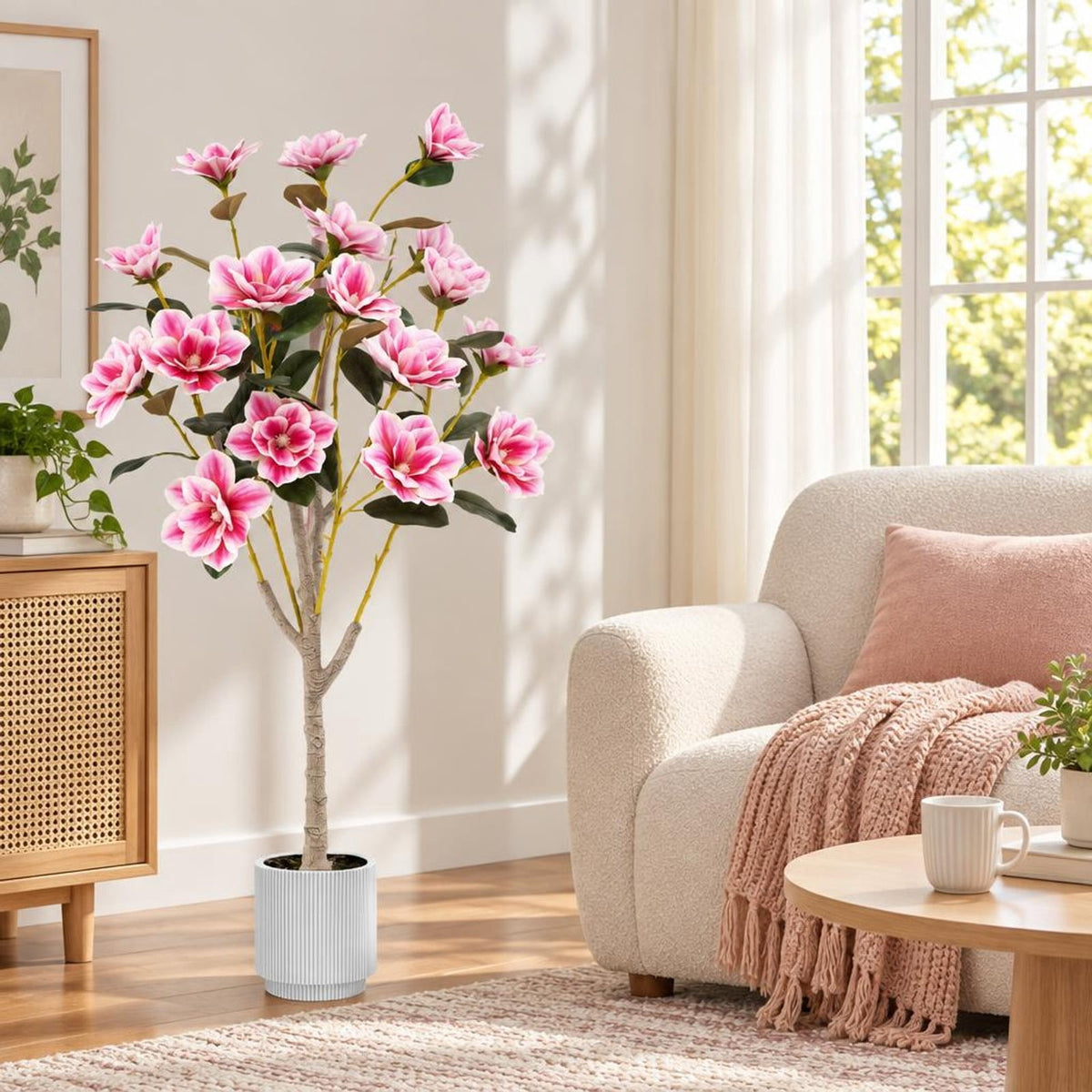 Airfind Faux Wedding Flower Plant with Elegant PEVA Leaves and Multi-branch Trunks, PEVA PE PP Cement Tree Height 51 Inch Flowerpot, Pink