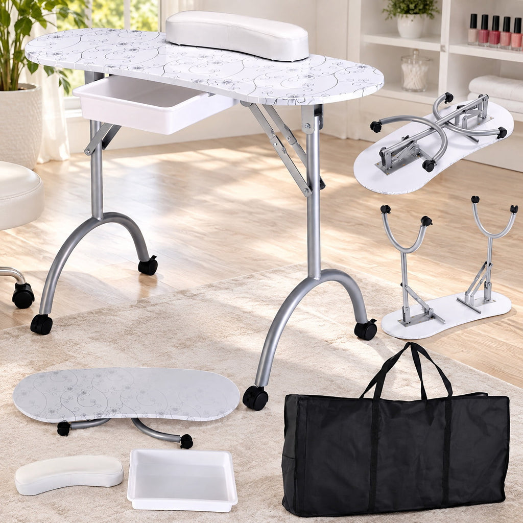 Airfind Foldable Portable Manicure Table with Drawer Casters and Cushion, MDF Metal Frame, 35.5 x 14.5 x 27 Footprint, White