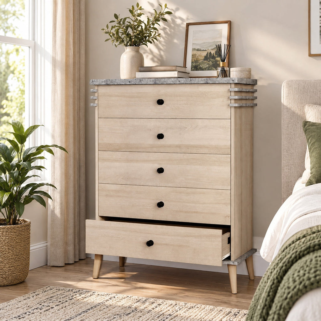 Airfind Farmhouse Chest Dresser of Drawers Tall Storage Organizer, 176 lbs Capacity, Engineered Wood MDF Rubber Wood Metal Frame, Grey