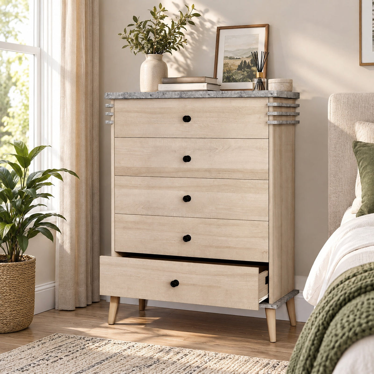 Airfind Farmhouse Chest Dresser of Drawers Tall Storage Organizer, 176 lbs Capacity, Engineered Wood MDF Rubber Wood Metal Frame, Grey