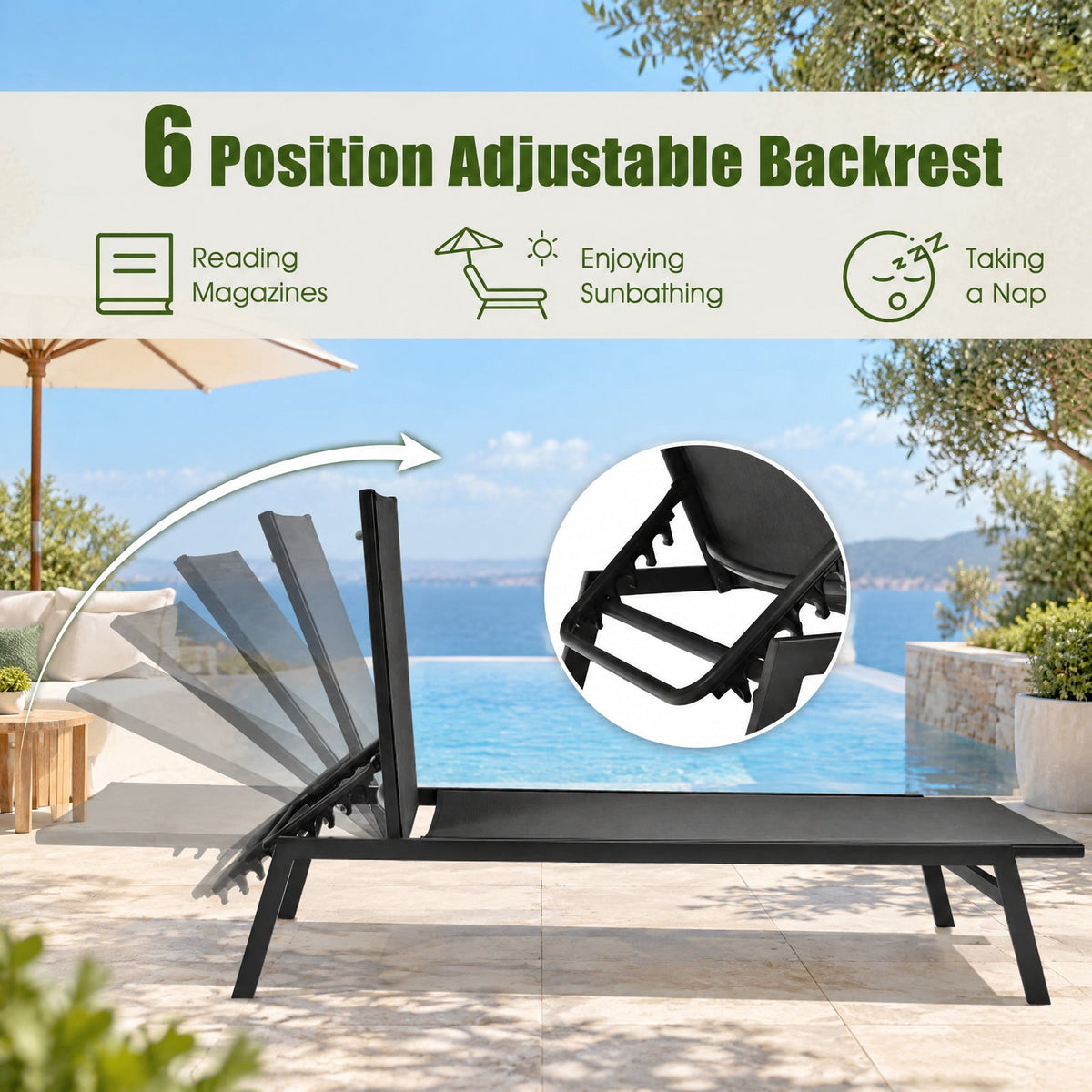 Airfind Outdoor Reclining Chaise Lounge Chair with 6-Position Adjustable Back, 330 lbs Capacity, Steel fabric Frame, Black