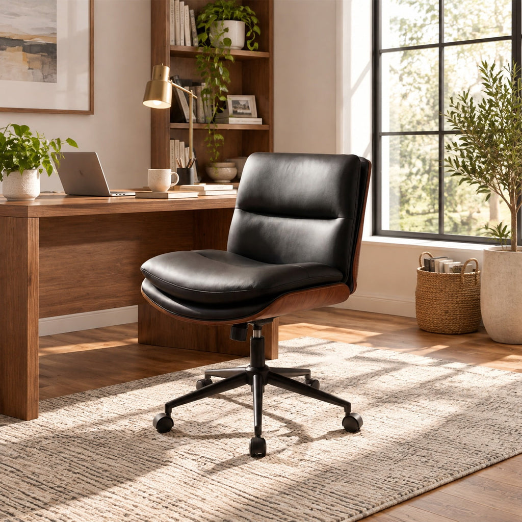 Airfind Armless Office Chair with Curved Backrest and Padded Seat, 245 lbs Capacity, Faux Leather Sponge Metal Plywood Frame, Black