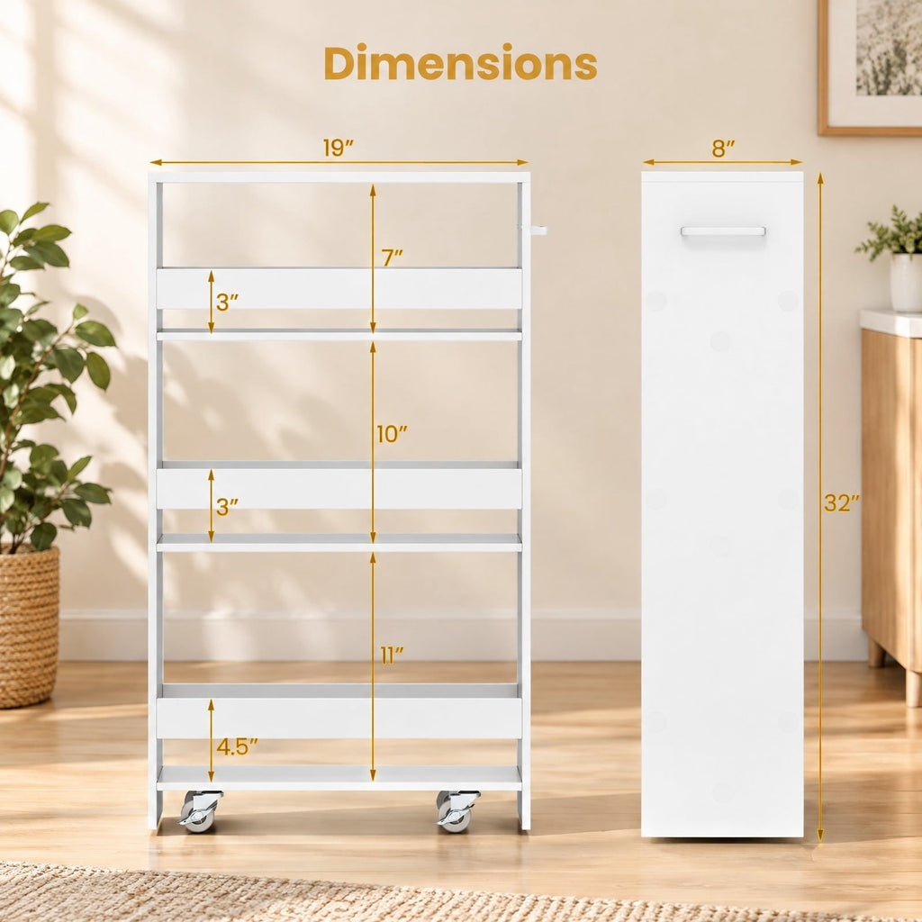 Airfind 4-Tier Rolling Storage Cart Slim Kitchen Cart on Wheels with Open Shelves and Handle, 15 lbs Capacity, Engineered Wood Metal Frame, White