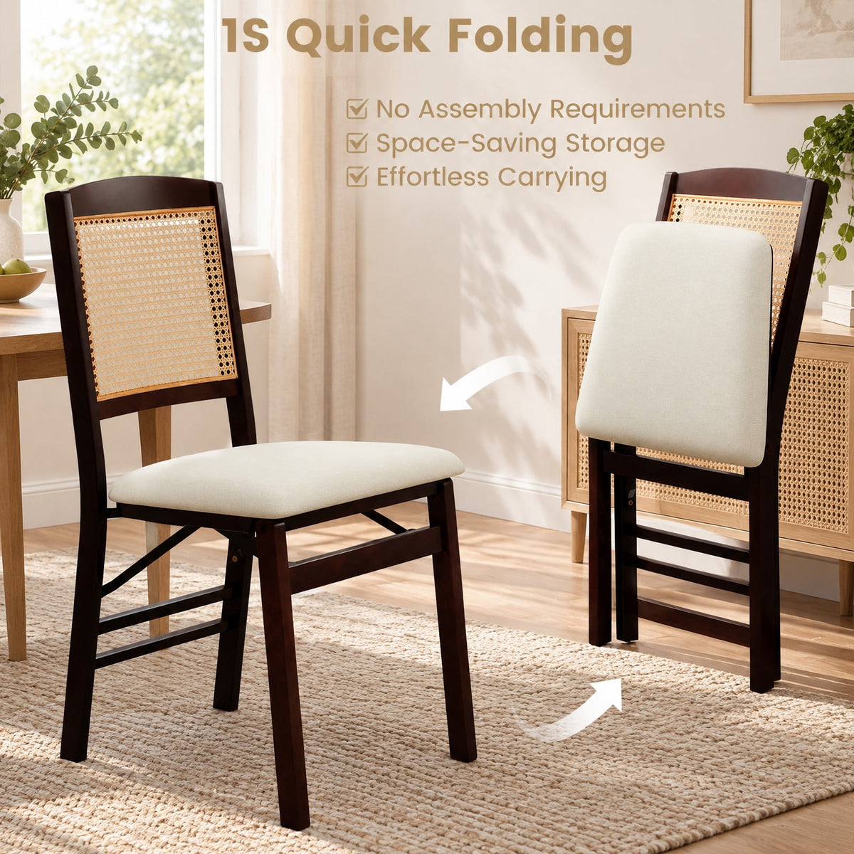 Airfind Folding Dining Chairs Set of 2 Rubber Wood Chairs with Linen Padded Seat, 400 lbs Capacity, Rubber Wood PE Rattan Linen Fabric Sponge Frame