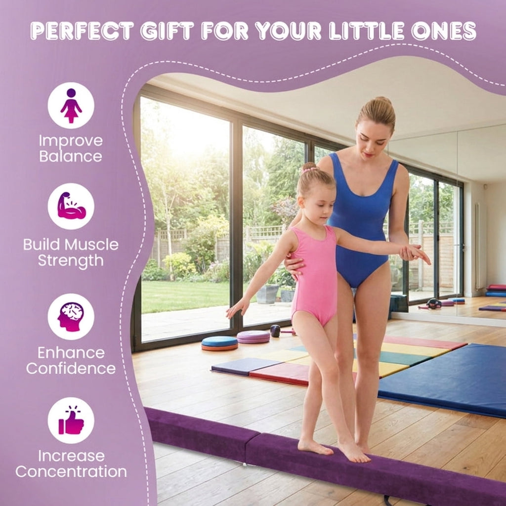 Airfind 9 ft Folding Gymnastics Balance Beam with Suede Cover, Pine Wood Core and Non-Slip Mat, Purple