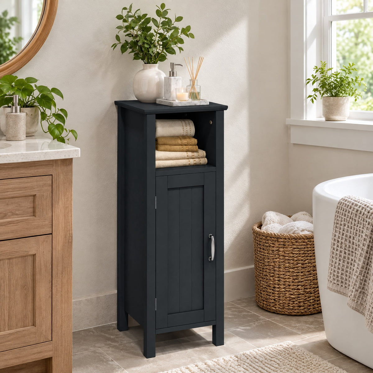 Airfind Bathroom Storage Organizer with 2-Tier Cabinet, 66 lbs Capacity, MDF Frame, 12in x 12in x 31.5in Footprint, Black