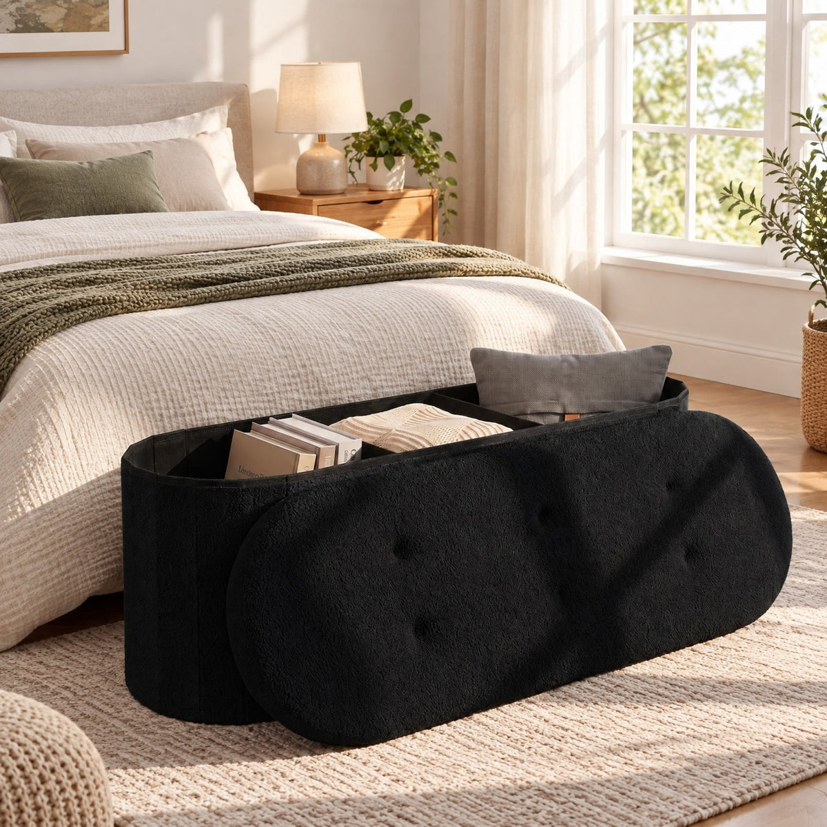 Airfind 43 Folding Teddy Storage Ottoman Bench with Dividers for Living Room and Bedroom, 43 x 15 x 16Inner Footprint, Black