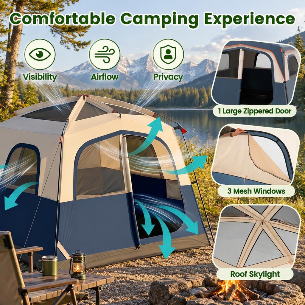 Airfind 6-Person Camping Tent Easy Setup Family Cabin Tent with Top Rainfly Mesh Windows, Fabric Fiberglass Metal Frame, 10 x 9 x 7 ft Footprint