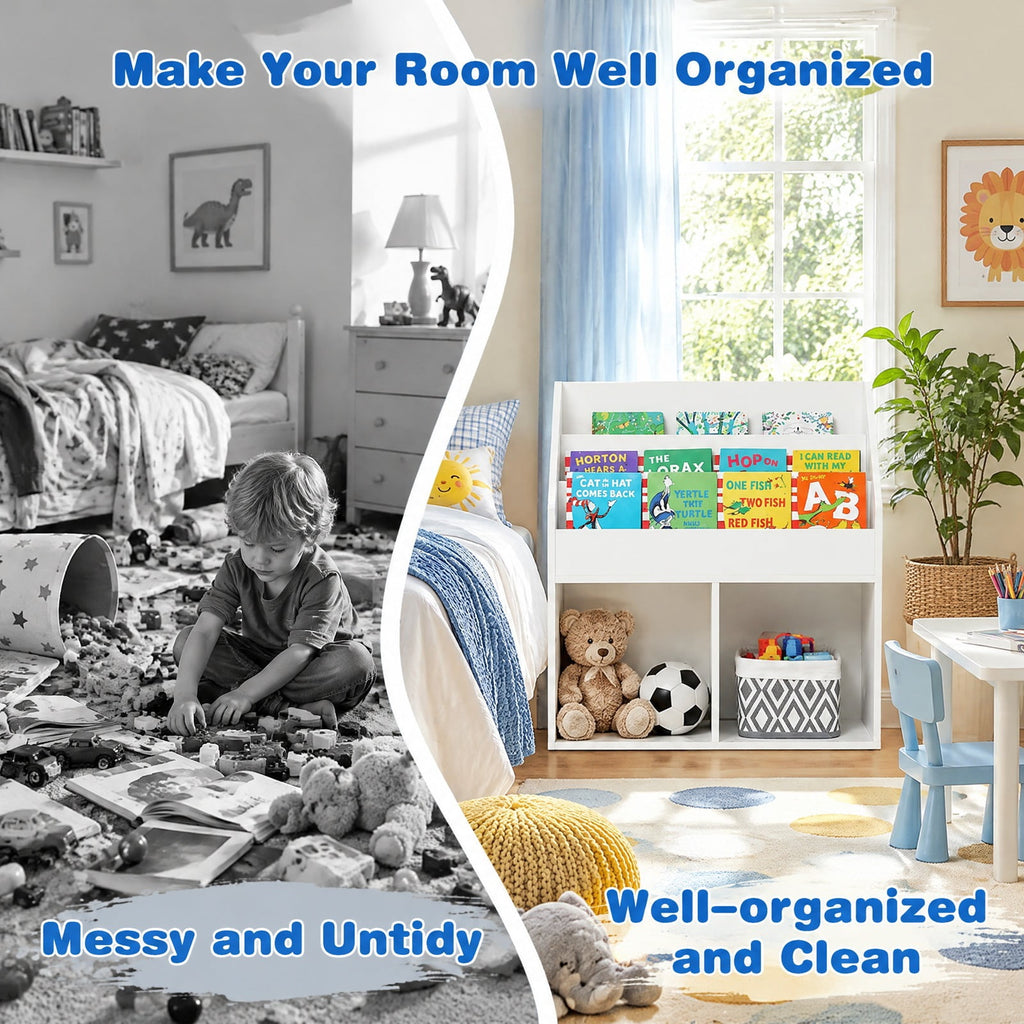 Airfind Kids Wooden Bookshelf Bookcase Children Toy Storage Cabinet Organizer, Engineered wood Frame, 29in x 12in x 32in Footprint, White