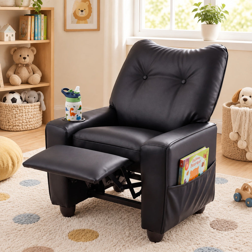 Airfind Youth Recliner featuring Cup Holder Armrests and Adjustable Backrest for Playroom, Wood Frame, 24 Inch x 21 Inch x 30 Inch Lying Footprint, Black