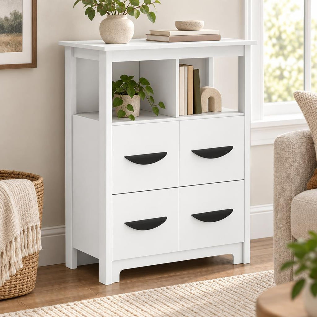 Airfind 24 Inch Floor Cabinet with 2 Open Compartments and 2 Drawers, MDF Engineered Wood Frame, 24in x 12in x 31.5in Footprint, White