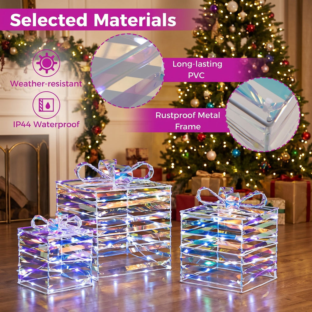 Airfind Set of 3 Christmas Lighted Gift Boxes with Bows and Plug, PVC Metal Frame, 10 Inch x 10 Inch x 10 Inch Footprint, of Light White