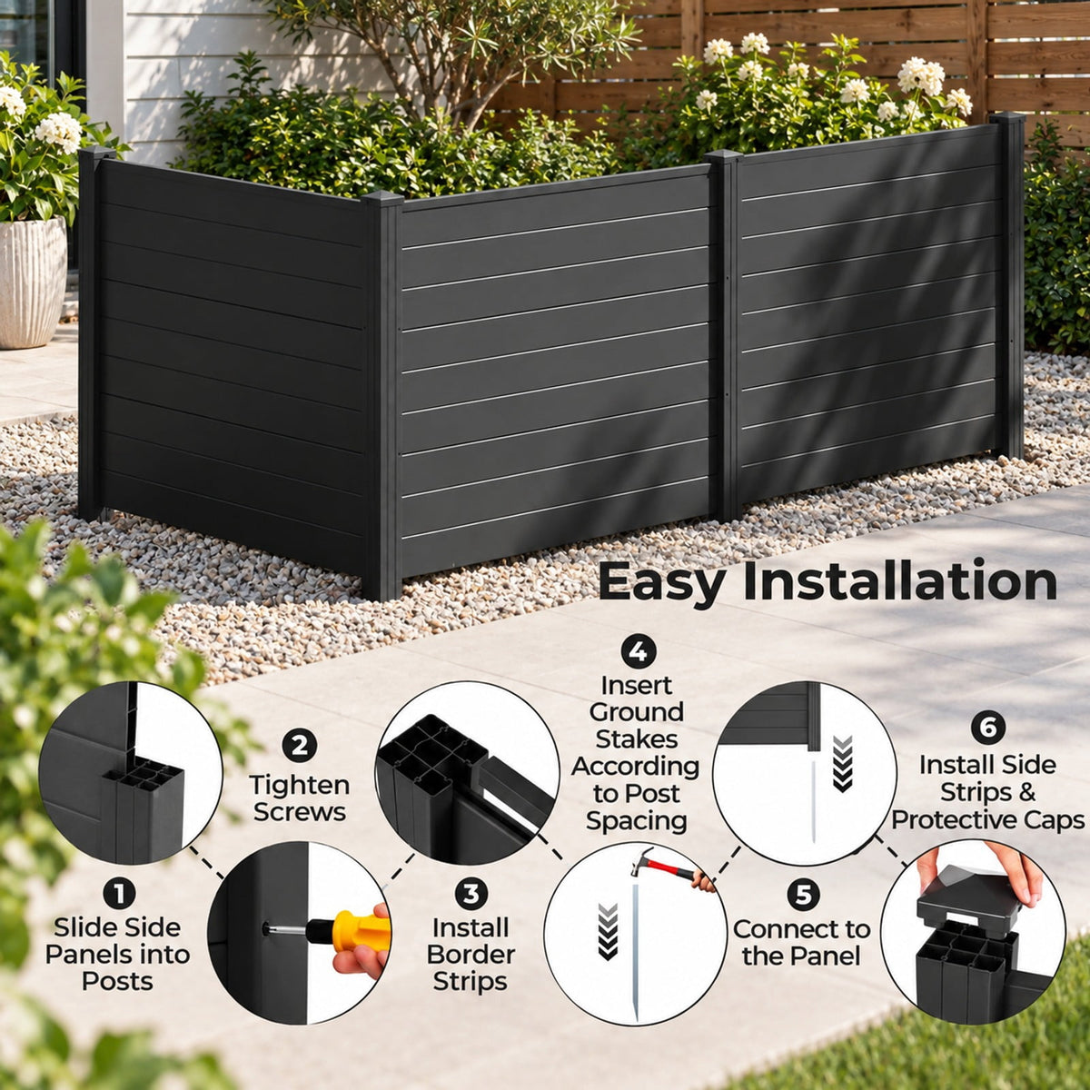 Airfind 48 x 38 Inch Air Conditioner Fence 3 Panels with Metal Ground Stakes for Patio Backyard, PP ABS Galvanized Metal Frame, Black